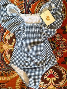 Unbranded Girls' Blue Gingham One-Piece Swimsuit with Ruffle Shoulders